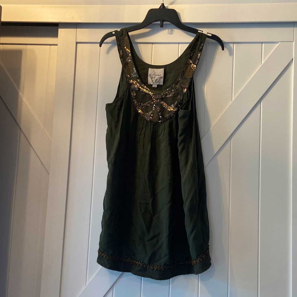 Anthropologie Green tank with gold/bronze sequence